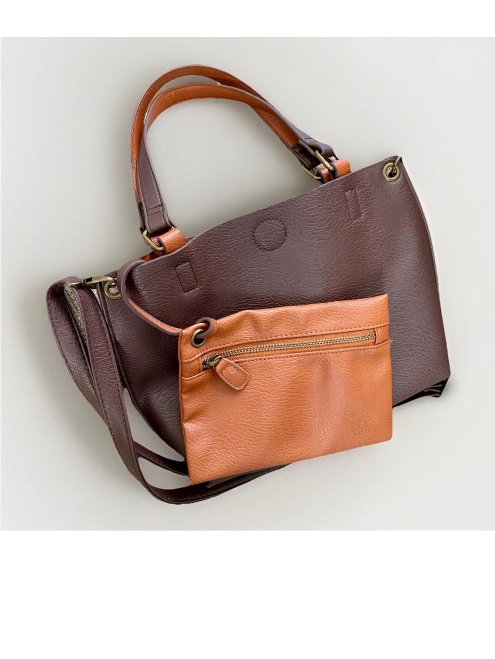 VTG 80s 90s GH Bass Reversible Pebbled LTR 2-in-1 XBODY TOTE Bag+Pouch BROWN USA